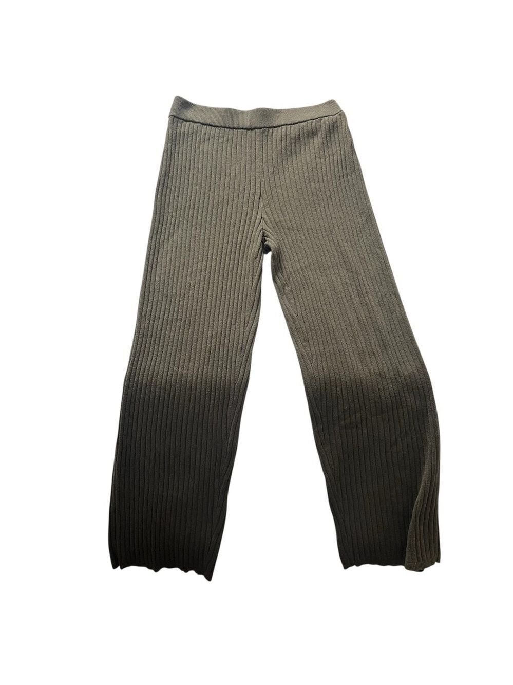 Ribbed Knit Sweater Pants Wide Leg High Waisted Olive Green Waist 28 Inches